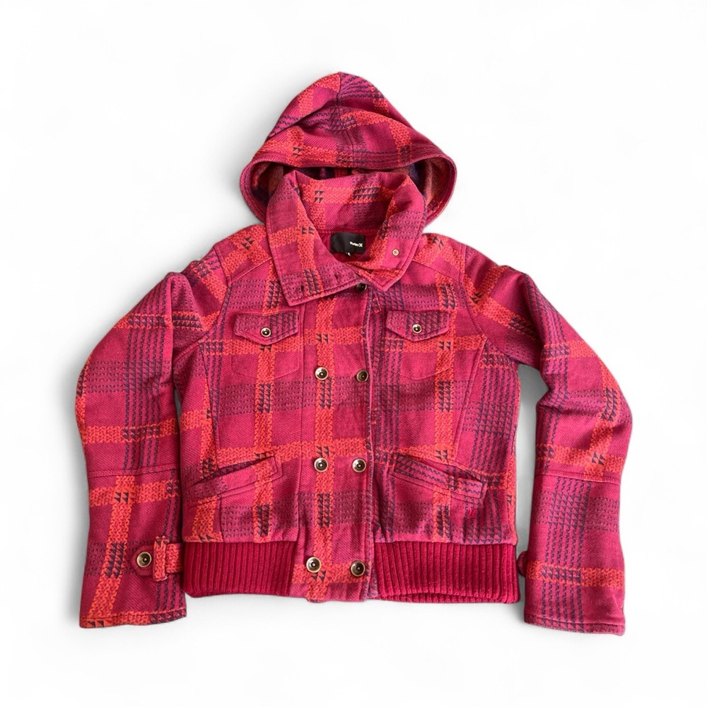 Hurley Pink and Red Plaid Bomber Jacket